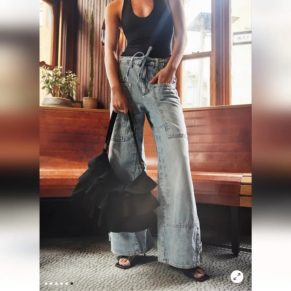 Free People We The Free Curvy Outlaw Wide‎ Leg Denim Jeans Tie Front